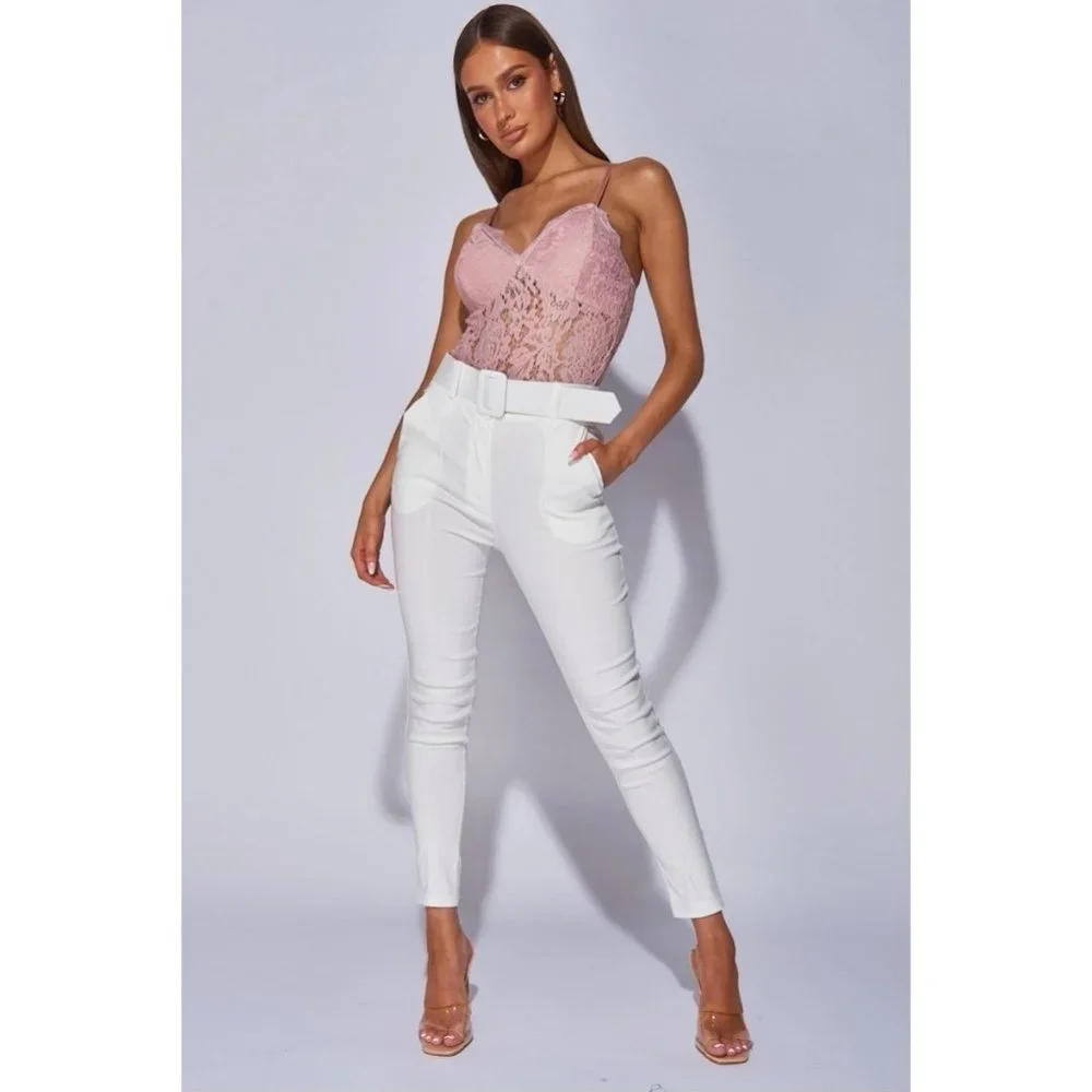 White High Waist Buckle Belt Tapered Cropped Straight Leg Ankle Pants - Picture 2 of 14
